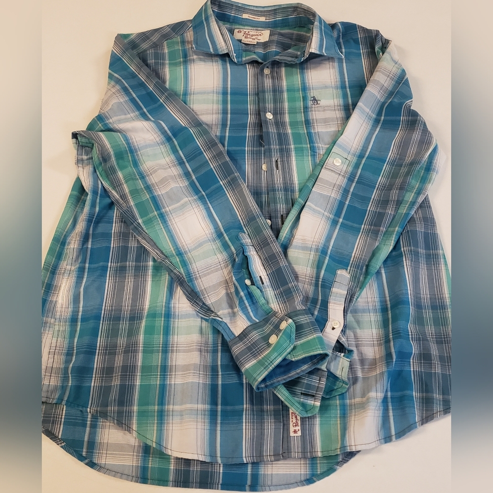 Green stripe original Penguin Long Sleeve Button Down Dress Shirt Size L